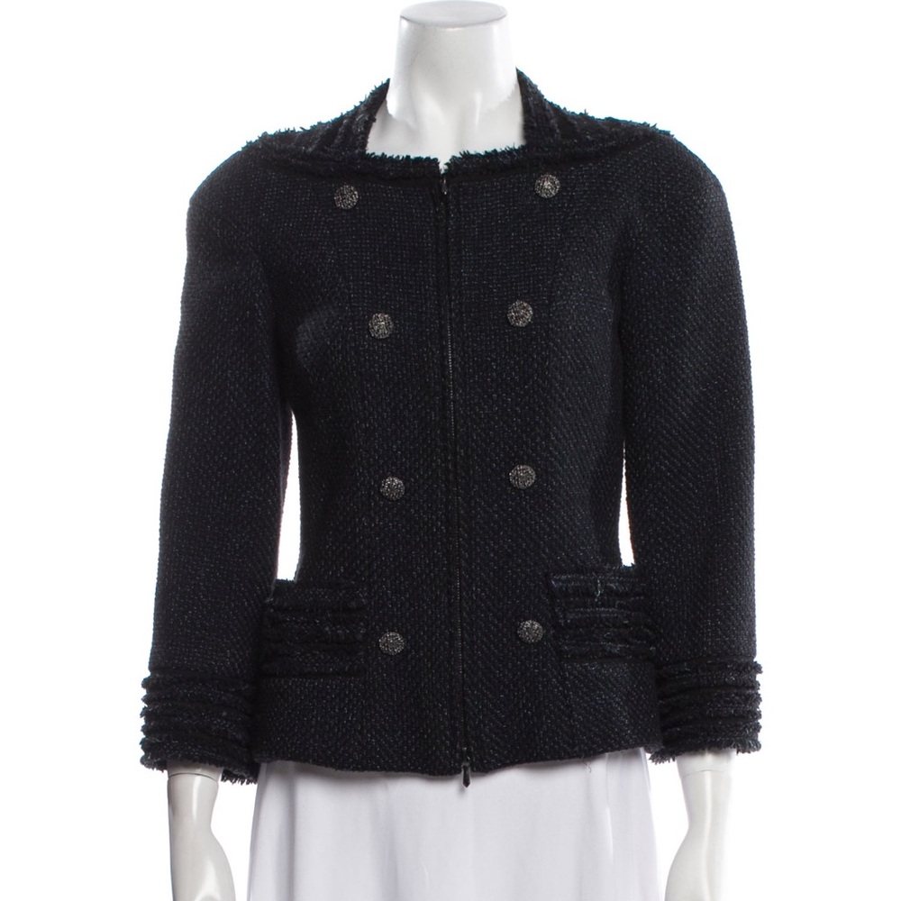 CHANEL Black blue green Tweed fringe trim 3/4 sleeve Jacket 34